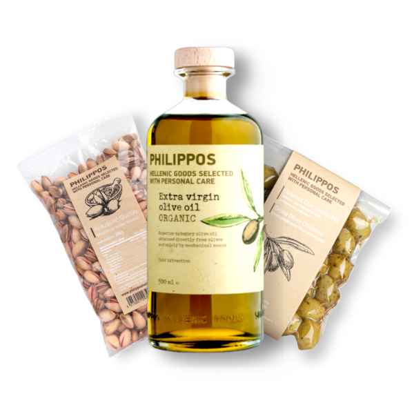 „Set“ Premium Olivenöl Bio 0,5l Philippos + Aegina Pistazien 250g+ 250g Oliven